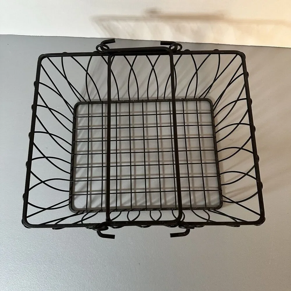 Black Wrought Iron Rectangle Storage Basket Open Design Handles 5.25” x 11” x 10
